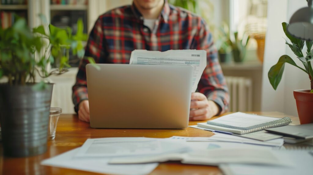 Person calculating tax returns at home, with documents and a laptop